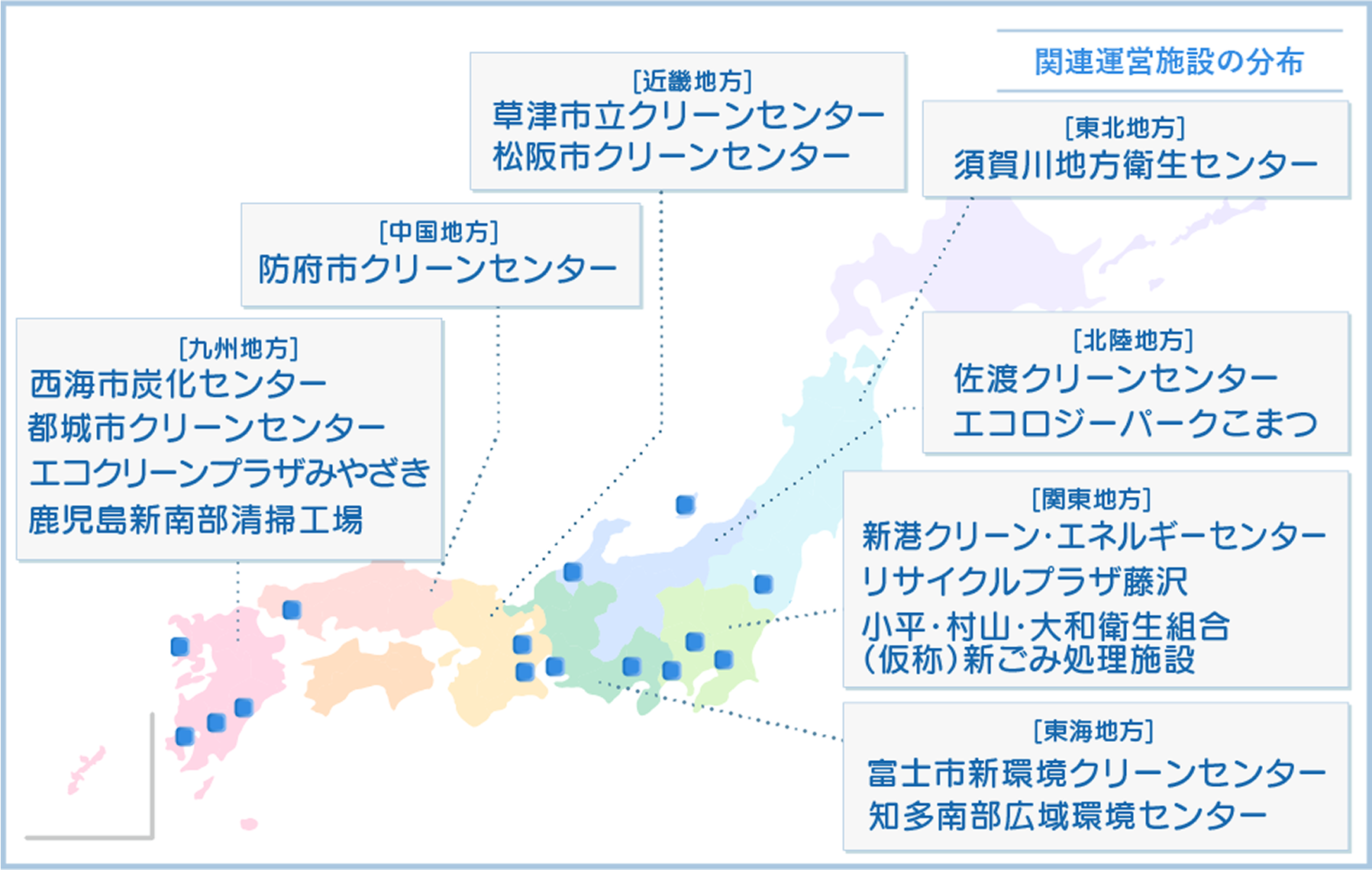 東北、北陸、関東、東海、近畿、中国、九州地方の各所にクリーンセンターがあります